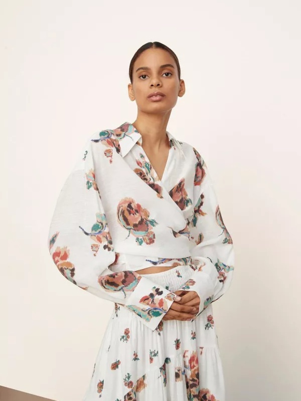 Vince White Floral Wrap Crop Blouse with Pink and Green Accents - 80% OFF MSRP!!